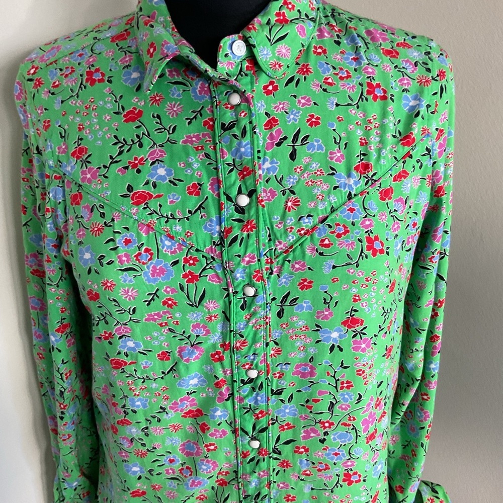 Levi’s Green Floral Button Down Blouse S Small Long Sleeve Tie Cuff Boho Chic - Picture 5 of 10